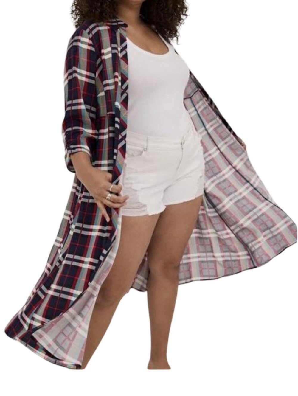Torrid Maxi Kimono Duster Challis Plaid Red & Blue Plus Size 2 2X New - Picture 2 of 10
